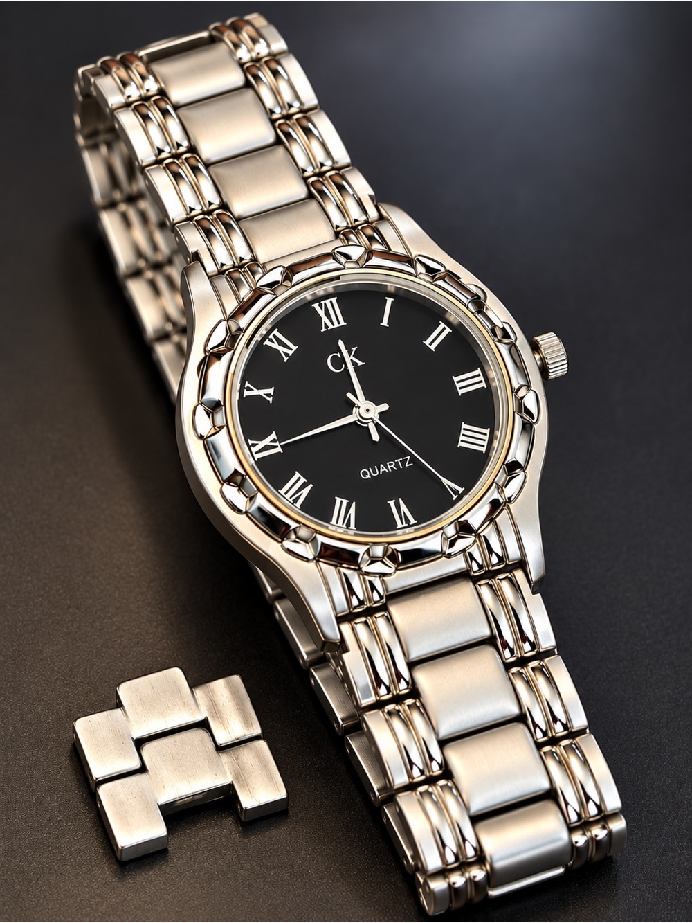 Vintage CK Silver Tone Quartz Watch Black Roman Numeral Dial + 2 Links